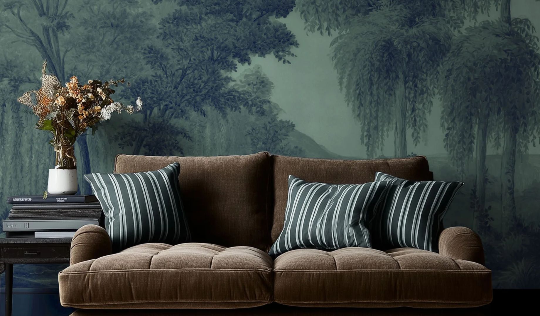 A luxurious brown velvet sofa with teal and striped cushions against a dark green botanical wallpaper — Atlantic Interiors interior design